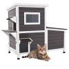 Outdoor Cat House, 2-Story Wooden Cat Shelter for 3 Outside Cats in Winter, Elevated Feral Kitty Shelter with Stairs, Clear Window & Flap Doors, Wate