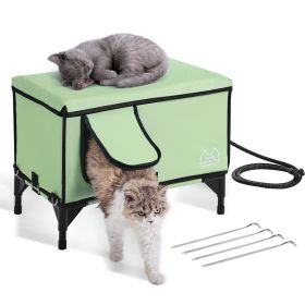 Elevated Heated Cat House, Cuboid Kitty Shelter with Adjustable Temperature and Timer, 900D Oxford Cloth Foldable Cat Shelter with Heated Pad for Win (size: Green-Large)